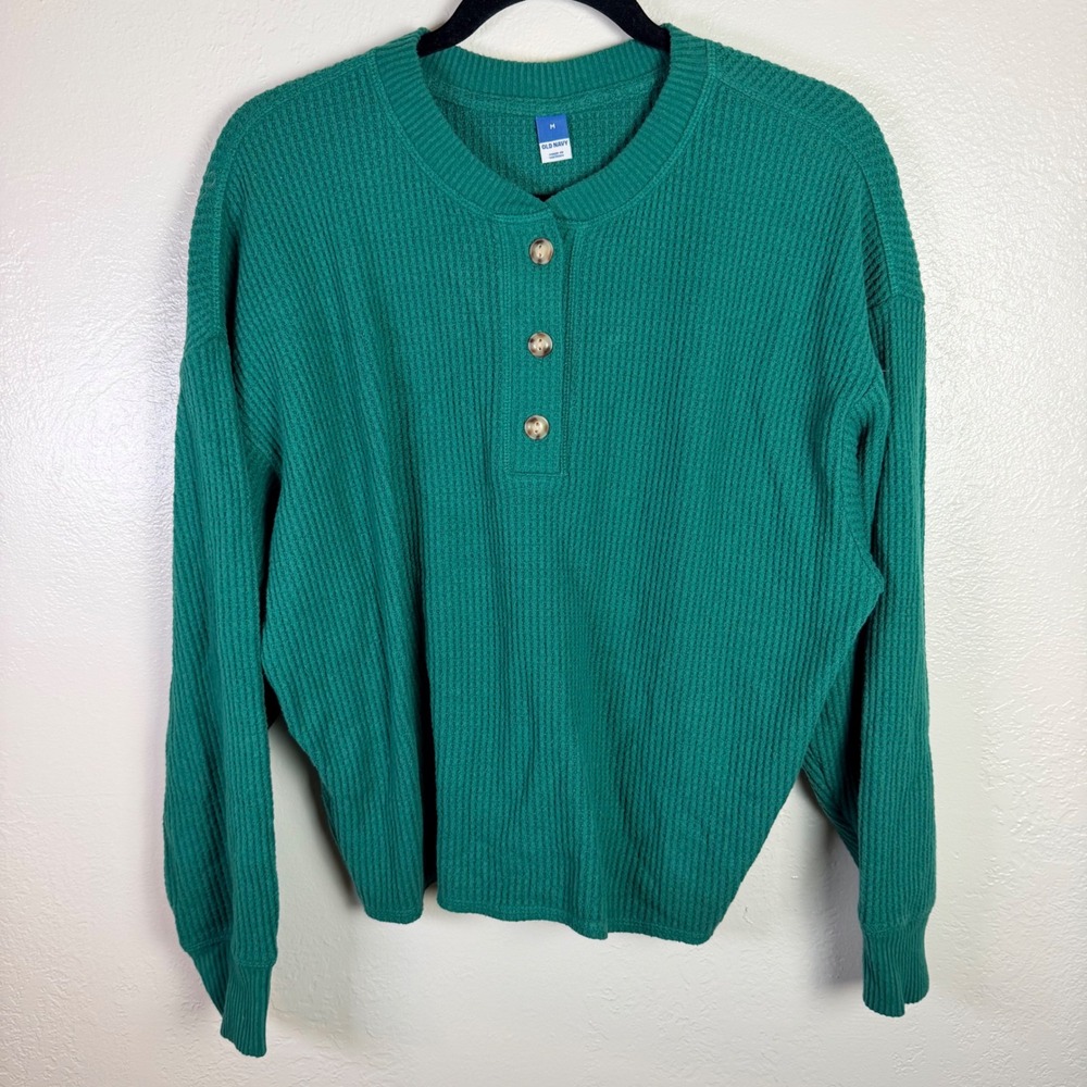 Old Navy Womens M Emerald Green Waffle Knit Henley Cozy Cabin